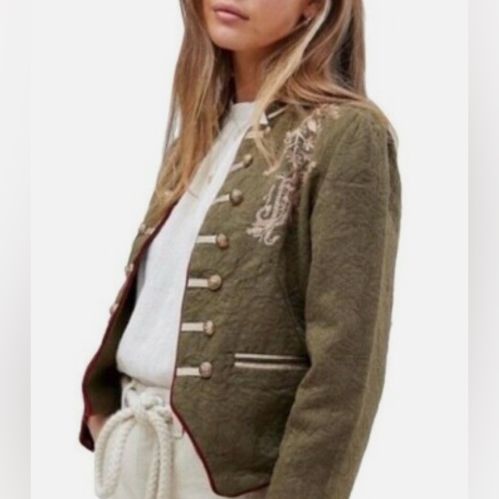 Free People Lauren Band Jacket Military Embroidered Gold Open Front - Picture 2 of 9